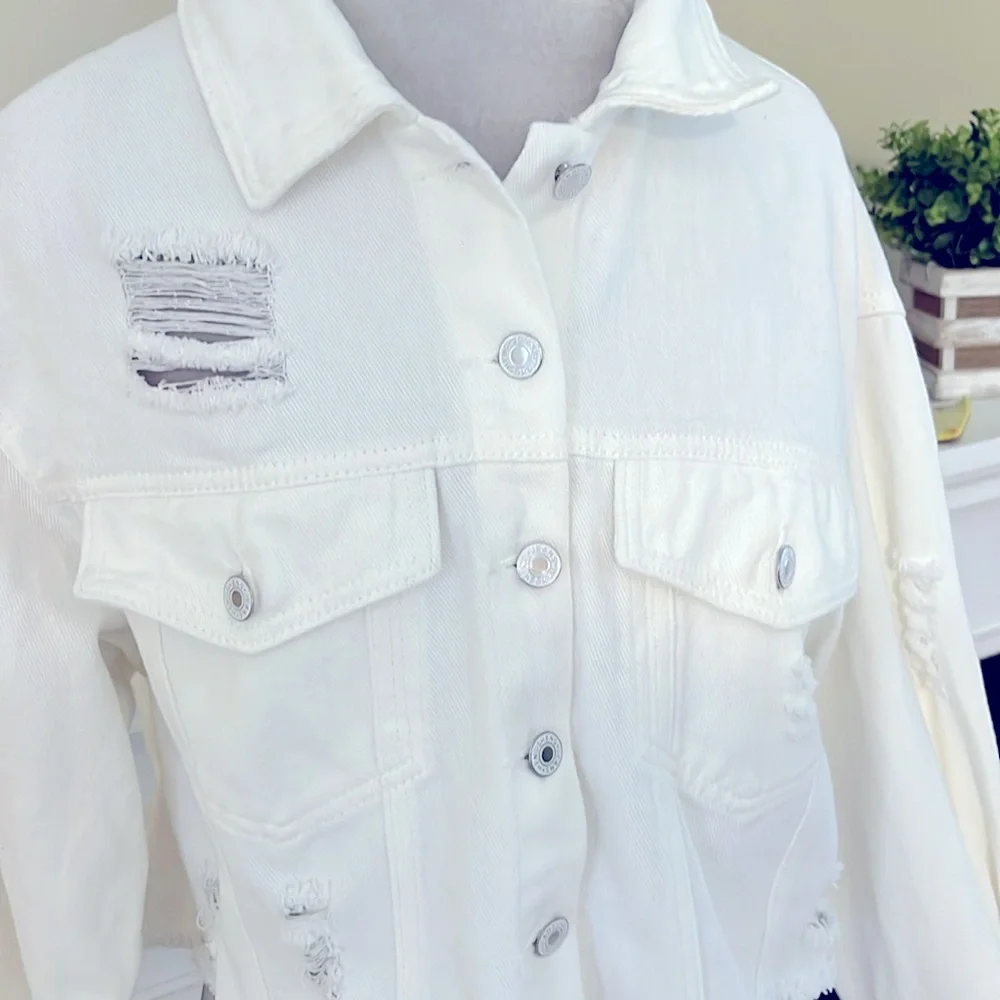 SHEIN White Jean Distressed Denim Crop Jacket S NWOT